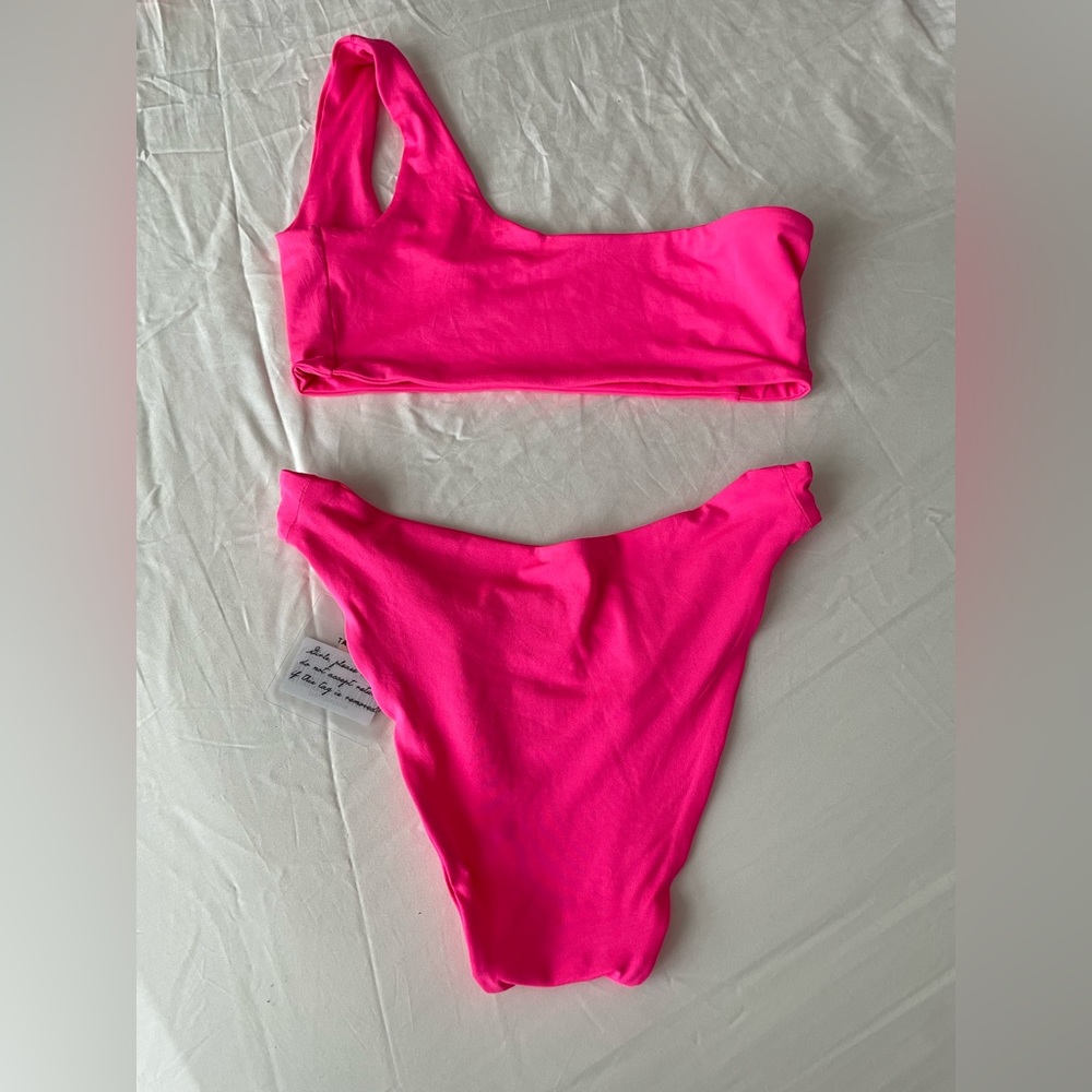 Oh polly one shoulder neon pink bikini